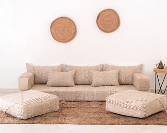 Cotton Moroccan Floor Couch Cover Set: Beige Zanafi Sofa (Unstuffed)