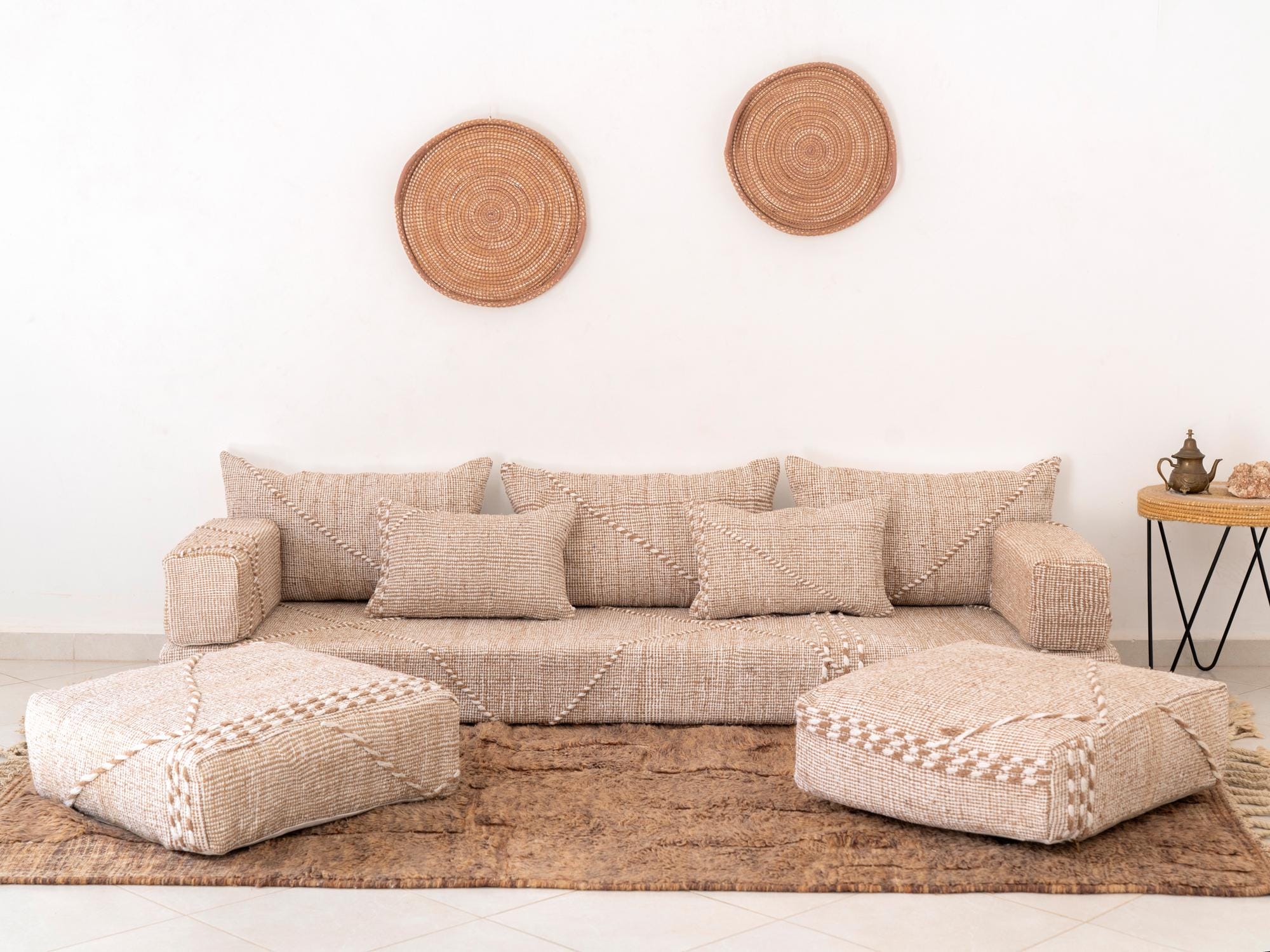 Cotton Moroccan Floor Couch Cover Set: Beige Zanafi Sofa