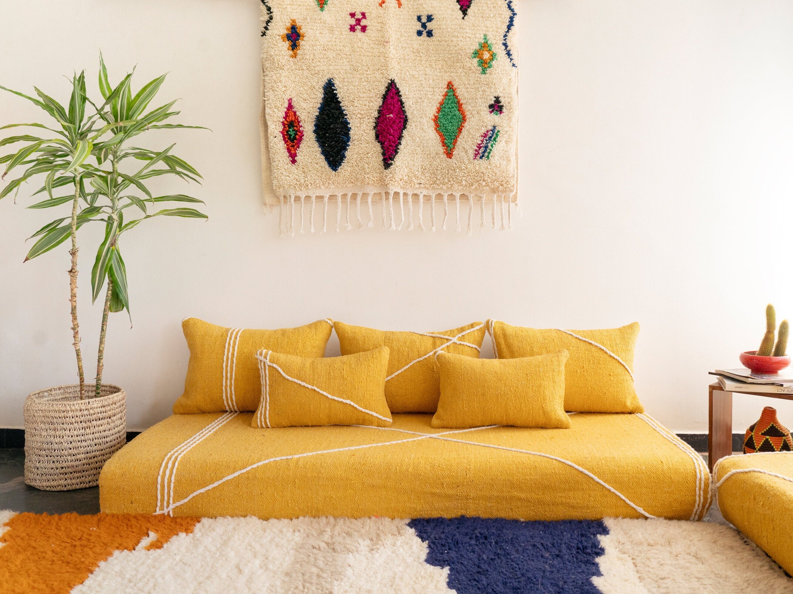 Moroccan Floor couch Covers - 4,5,6 & 7 ft (120/150/180/210  cm)  Unstuffed Yellow Floor Couch + Pillow cases.