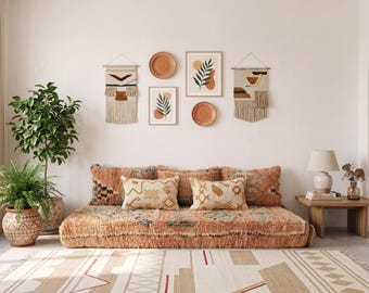6 ft (180 cm) Handmade Vintage Moroccan Pink Sofa Cover Set: Vintage Pink Floor Cushion with Pillows Boho style