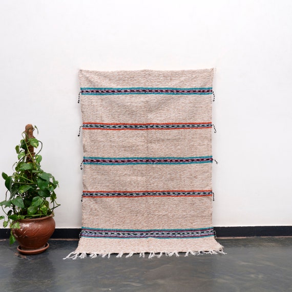 Moroccan Berber Geometric Wool Handmade beige Rug boho rug