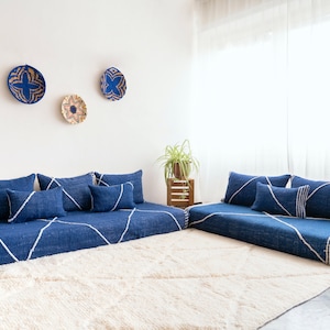 Moroccan Handmade Cotton Blue Floor Couch seating : Cotton Blue Cushion floor sofa set Boho style