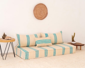 5 ft (150 cm) Handmade Moroccan Blue stripes Rug Sofa Seating set – Blue Unstuffed Floor Cushion + Pillows