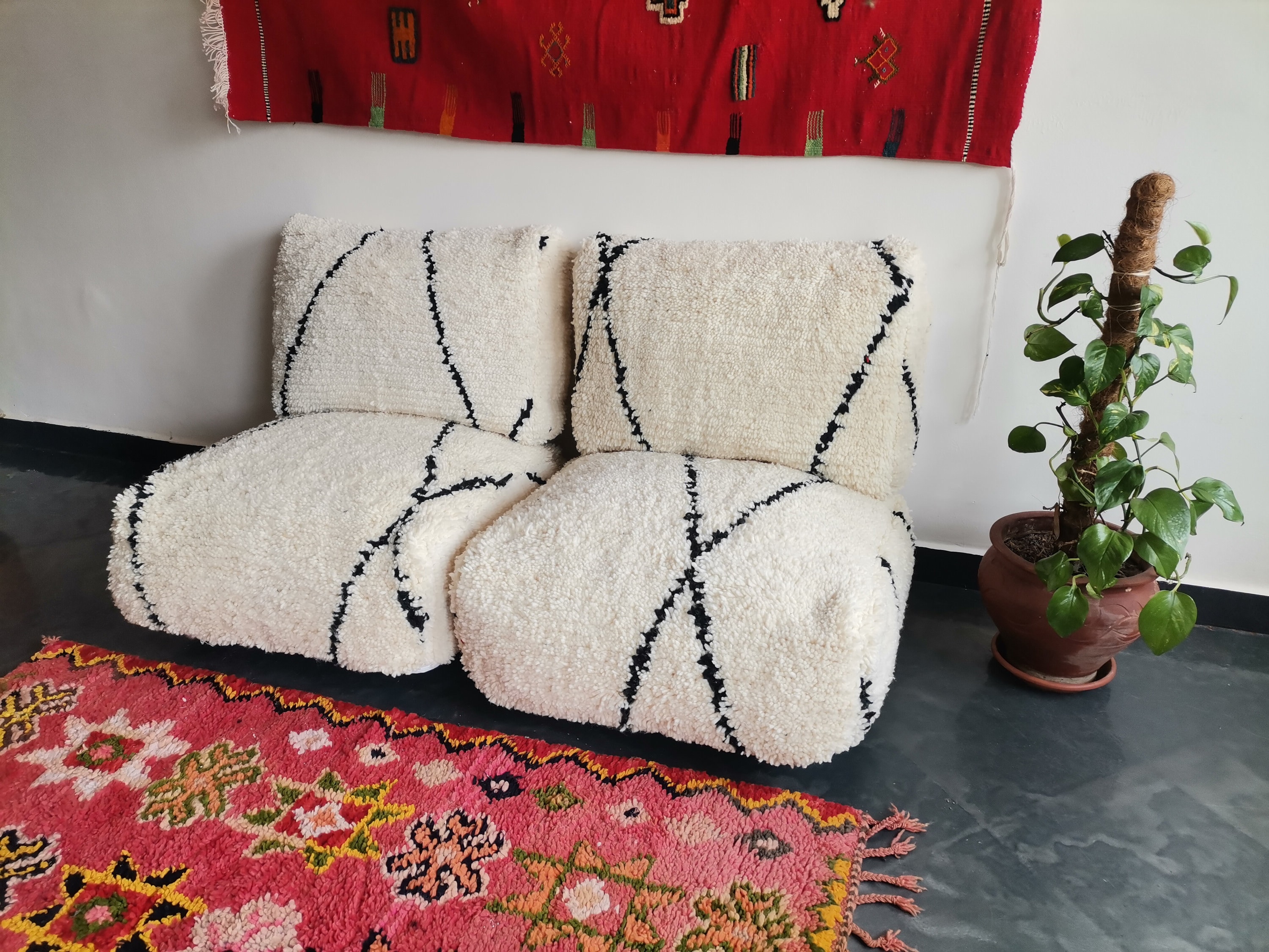 手織り風ウールクッションカバー モロッコ キリム 2枚セット プフ