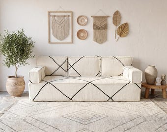 Juego de fundas para sofá sin relleno de lana marroquí: cojín de suelo Kilim Beni hecho a mano con diseño y fundas de almohada.