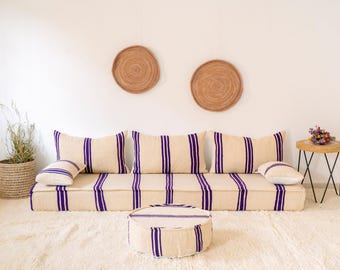 Set divano marocchino a righe viola in lana fatto a mano, 180 cm (6 piedi): cuscini da pavimento senza imbottitura + fodere