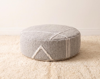 Handmade Moroccan Berber Rug Cotton Light Grey Ottoman: 20x6” Light Gray Round Floor Cushion