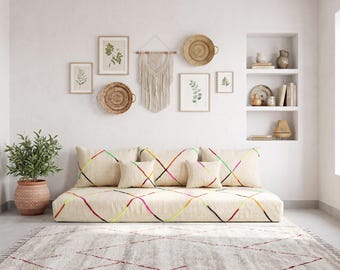 6 ft (180 cm) Moroccan Handmade White Sofa Cover Set: 6 ft (180 cm) kilim Floor Cushion with Pillows boho living