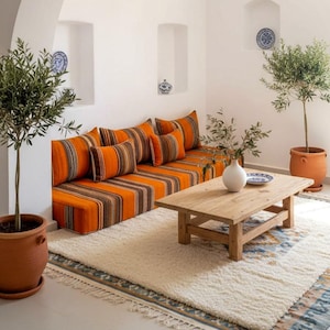 May include: A living room scene with an orange and brown striped sofa and cushions. A light wood coffee table rests on a cream rug. Potted olive trees and decorative plates decorate the white walls, creating a warm and inviting atmosphere.