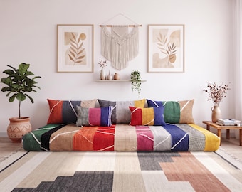 Handmade Moroccan Patchwork Floor Sofa: Colorful Cotton Cushions, Boho Style (Optional Filling)