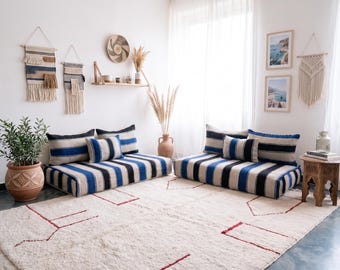 2 x 4 ft (2 x 120 cm) Handmade Vintage Moroccan Floor Sofa: Striped Wool Black Blue Couch with Pillows