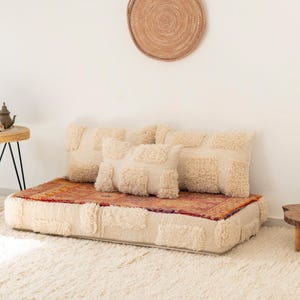 120 x 70 x 15 cm vintage Marokkaanse handgemaakte paarse vloer bankstel - oranje kussenset - niet gevuld + klein kussen + kussenslopen