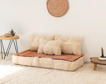 4フィート（120x70x15cm）ヴィンテージ モロッコ製 ハンドメイド パープル フロアソファセット - オレンジ クッションセット - 中身なし + 小さな枕 + 枕カバー