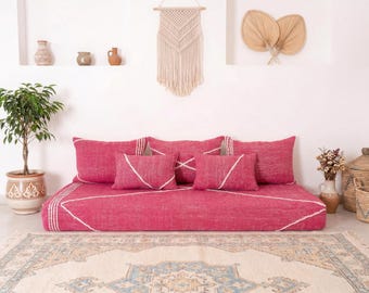 Moroccan Handmade Pink Floor Couch Cover Set: Unstuffed Cotton Sofa + Pillow Cases Boho Kids Room Living Room