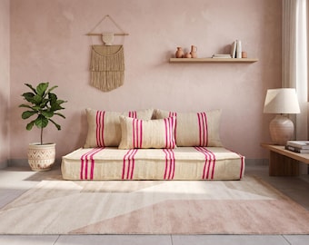 120 cm (4 Ft) Handmade Vintage Moroccan Kilim Rug Pink Sofa Set: Wool Floor Cushion Pink stripes Floor seating