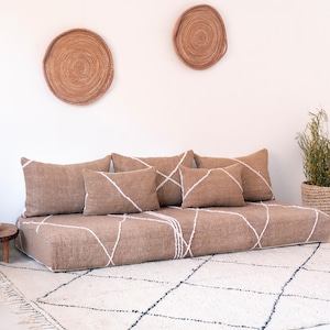 Moroccan Cotton Beige Floor couch Covers - 4,5,6 & 7 ft (120/150/180/210  cm)  Unstuffed Complete set Long Floor Cushion + Pillow cases.