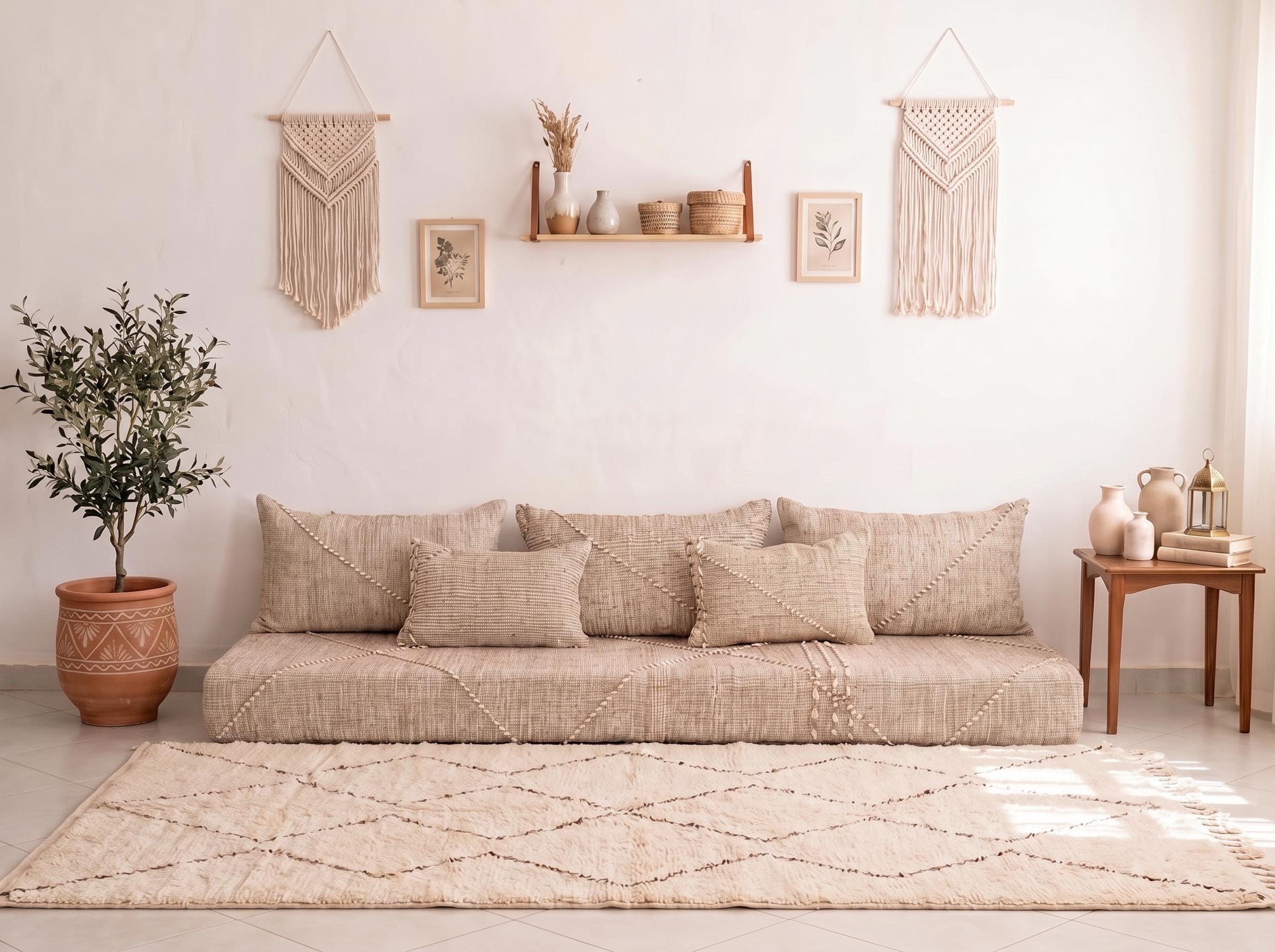 Cotton Moroccan Handmade Beige Zanafi Floor Couch Set: Beige Zanafi Boho Seating Set