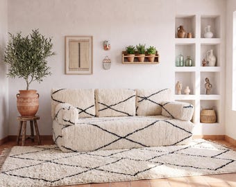 6 ft (180x70x30 cm) Handmade Moroccan Wool Beni Ourain Couch SET : Floor Cushion Set + 2 Armrests