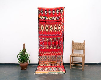 280x90 cm / 3x9 ft Red Moroccan Runner Rug: Handmade Vintage Boucherouite Rag Rug
