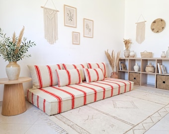 6 ft (180 cm) Handmade Moroccan Orange stripes Sofa Set: 6 ft (180 cm) kilim Floor Cushion with Pillows boho living