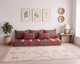 6 ft (180 cm) Vintage Brown Red Moroccan Handmade Wool Floor Sofa – Cushion Set + Pillow cases