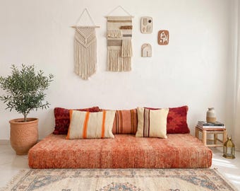 6 ft (180 cm) Handmade Orange Vintage rug Wool Floor Sofa Set – Moroccan Rug Orange Cushions - Unstuffed covers including pillow covers