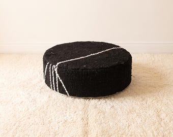 Handmade Moroccan Berber Rug Cotton Black Ottoman: 20x6” Black Round Floor Cushion