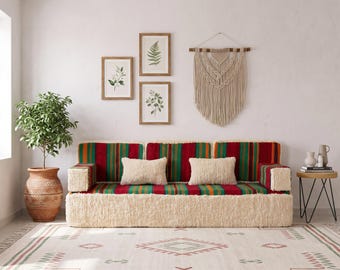7 ft (210 cm) Handmade Moroccan Red Green stripes Kilim White Beni Ourain Wool Loveseat Cover: Red Sofa, Pillow Cases