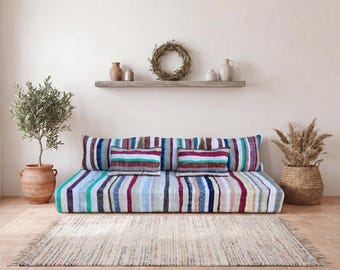 6 ft (180x70x15 cm) Ethnic Recycled rag-Rug Handmade Boucherouite Floor Sofa – Vintage Moroccan Cushion Set