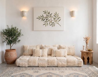 Moroccan Handmade Tiles design Wool Floor Couch Cover Set: Base Cushion, Back pillows & Pillow Cases