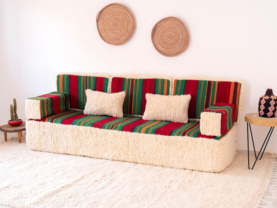 7 Ft (210 Cm) Handmade Moroccan Red Kilim White Beni Ourain Wool ...