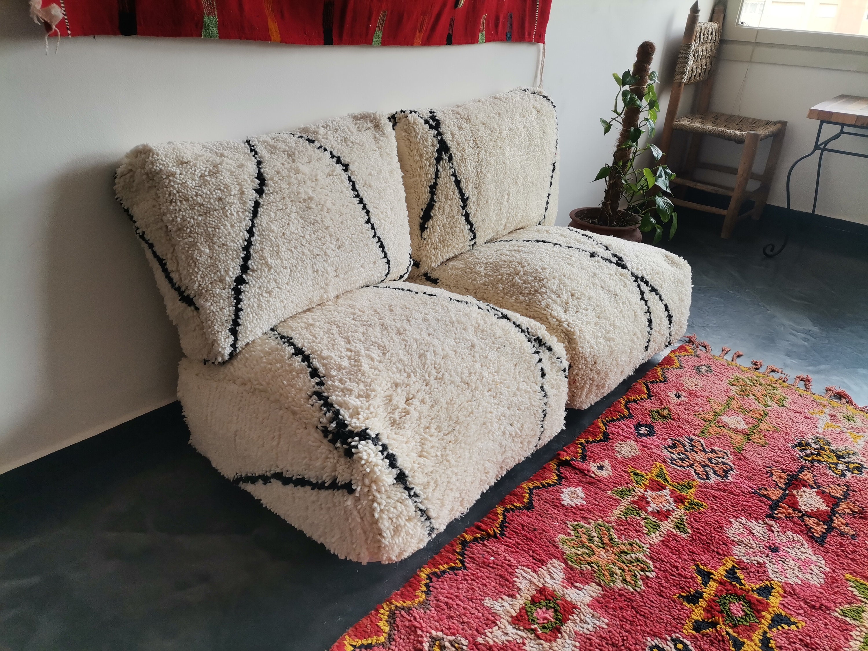 Ensemble De Coussins De Sol Marocains Traditionnels - 2 Sièges + 2 Dossiers + 4 Sacs Zippés - Laine Blanche - Fait Main