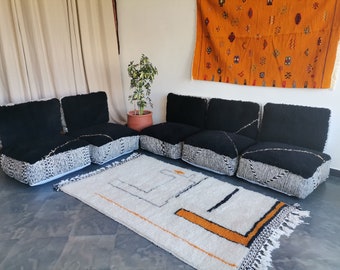 Moroccan Black Floor Cushion 5 Places - Unstuffed 5 Seats Cushions + 5 Back Cushions + 10 Zipped Insert bags for stuffing