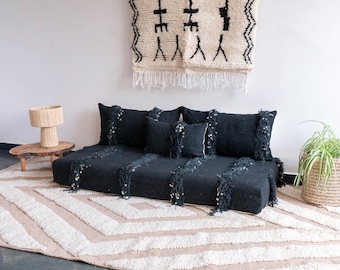 Moroccan Sofa - 5 ft (150x70x15 cm)  Unstuffed Long Black Cotton Floor Cushion + 2 Back Pillows +1 Extra pillow + Stuffing Zipped Pouches