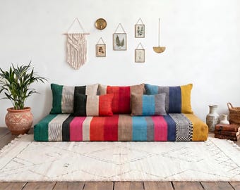 Conjunto de sofá de suelo marroquí multicolor de algodón: Fundas hechas a mano (sin relleno)