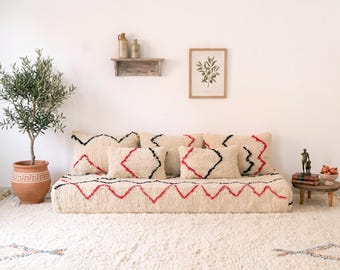 6 ft (180x70x15 cm) Handmade Moroccan Wool Azilal Rug Sofa: Floor Cushion Set Azilal rug Sofa set floor cushions