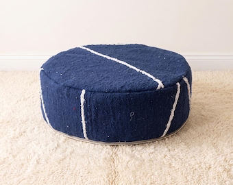 Handmade Moroccan Berber Rug Cotton BLUE Ottoman: 20x6” Blue Round Floor Cushion