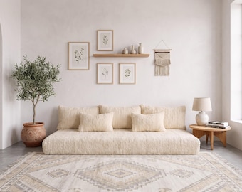 Handmade Wool Beni Ourain White Moroccan Floor Couch Cover Set: Cushions & Pillow Cases