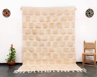 FREE SHIPPING 7x10 Ft (300x200 cm) Moroccan Handmade Soft White Area Rug Wool Beni Ourain Large Berber Handwoven Azilal Living Room.