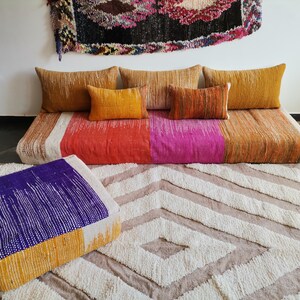 Moroccan Sofa - 7 ft (210x70x15 cm)  Unstuffed Long Floor Cushion + 3 Back Pillows +2 Extra pillows +Unstuffed pouf+ Stuffing Zipped Pouches