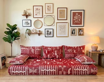 Unique 6 ft (180 cm) Handmade Red kilim Wool Moroccan Red Sofa Cover Set: Unstuffed Floor Cushion with Pillows Boho style