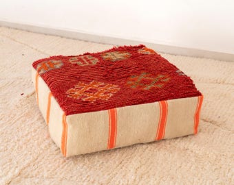 60x60x20 cm (24x24x8 inch) Handmade Orange Moroccan Wool Pouf: Berber Kilim Orange Floor Cushion Orange cushion boho living