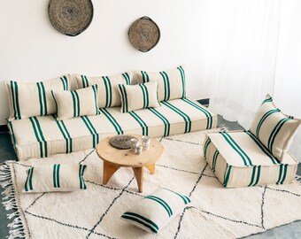 Moroccan Sofa - Set of 7 ft (210x70x15 cm)  Unstuffed Long Floor Cushion + 1 Place + Pillow cases