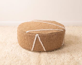 Handmade Moroccan Berber Rug Cotton BEIGE Ottoman: 20x6” Beige Round Floor Cushion