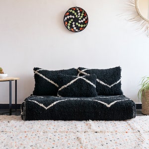 Black Moroccan Floor couch Covers - 4,5,6 & 7 ft (120/150/180/210 x70x15 cm) Unstuffed Complete set Long Floor Cushion + Pillow Cases