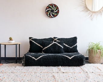 Fundas negras de lana marroquí hechas a mano para sofás de suelo: juego de cojines estilo boho.
