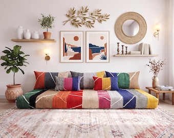 FULL SOFA  13 CHOICE Multicolor Cotton Handmade Moroccan Floor Sofa Set - Natural Cotton boho home - Bohemian Style- Full filling Included.