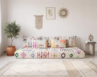 6 ft (180 cm) Handmade White kilim Wool Moroccan White Sofa Cover Set: Floor Cushion with Pillows Boho style