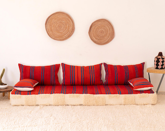 7 ft (210 cm) Handmade Red Wool Floor Sofa Set – Moroccan Rug Red Cushions - covers including pillow covers