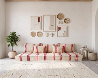 7 ft (210 cm) Handmade Pink stripes vintage blanket Wool Moroccan Sofa Set: Pink Stripes Floor Cushions